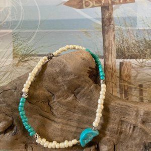 Aqua and Ivory Bead Moon Stretch Anklet
